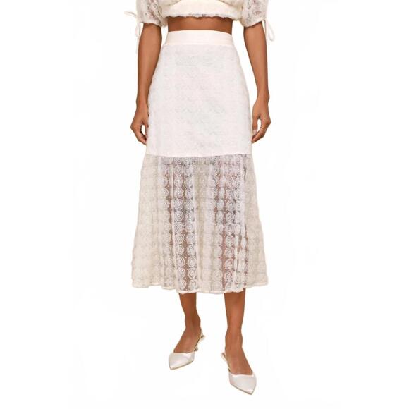 NWT Lulus Ideal Adoration Cream Tulle Swiss Dot Rosette Midi Skirt Size L - Picture 1 of 7